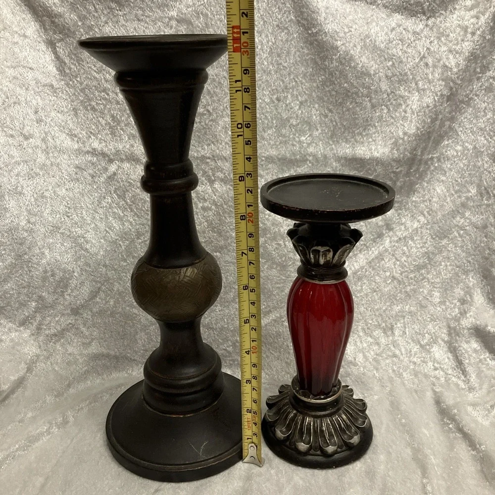 Lot of 2 Pillar Candle Holders, Red Ornate Glass Art Deco & Antiqued Brown Wood